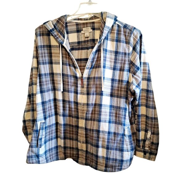 L.L.Bean Womens Relaxed Fit Plaid Hooded Zip-Up Shirt Jacket 2X Blue & White Cot - Picture 1 of 11